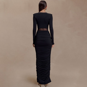 เดรสยาวทรงเข้ารูป คอลึกแบบวี คัตติ้งเว้าช่วงตัว แต่งระบาย สำหรับผู้หญิง สวมใส่ในงานกลางคืน - Product Image 4