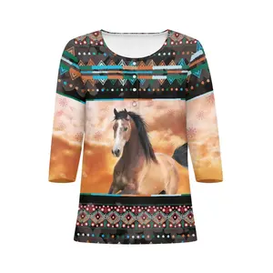 Personalized Tribal Ethnic Design Women's 3/4 Sleeve Shirts With Buttons OEM 3D Printed Horses Casual Knitted Blouse Shirt Tops