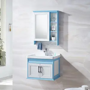 Kabinet serat karbon warna biru Modern Vanity kamar mandi dengan cermin dan wastafel keramik segala penjualan vanity