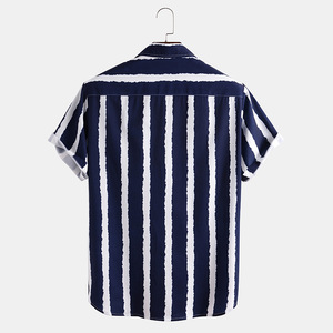 Summer Dark Blue Cotton Embroidery Vertical Stripe Short Sleeve <strong>Men</strong> <strong>Shirt</strong> Strip <strong>Shirts</strong> <strong>for</strong> Man - Product Image 2