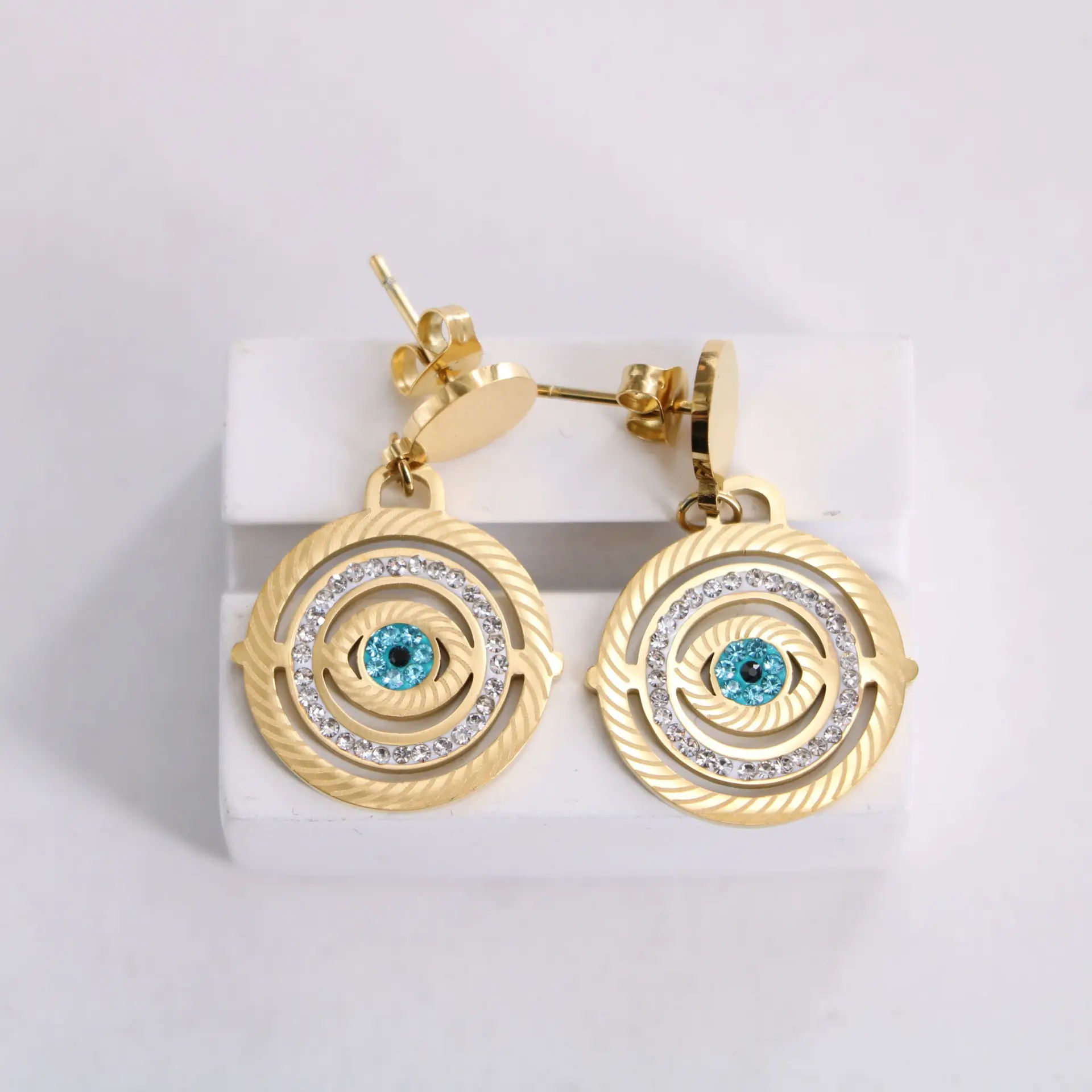 Brincos De Argola Pequena Aço Inoxidável 18K Gold Vacuum Plating Brilhante Inlay Zircon Eye Earrings