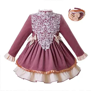 2023 OEM pettigirl Dresses cho thanh thiếu niên ren cổ áo Cô Gái DệT Kim Ăn mặc với dài tay áo bán buôn