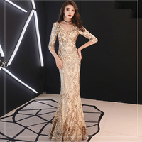 16218-S # Nouvelle Robe de Soirée Sirène à Paillettes Grande Taille, Manches Mi-Longues, Sexy, Épaules Dénudées, Style Arabe pour Femmes Rondes