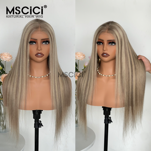 Parrucca Liscia con Highlights in <span class=keywords><strong>Capelli</strong></span> Umani Brasiliani, <span class=keywords><strong>Biondo</strong></span> <span class=keywords><strong>Cenere</strong></span> Misto, 13x4 HD, con Pizzo Trasparente Frontale, Pre-Piumata, Senza Colla - Product Image 2