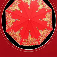 Parasol de Mariage Rouge Style Chinois à Long Manche en Alliage, 8 Baleines, Manuel, Protection UV 190T, Parapluie Droit