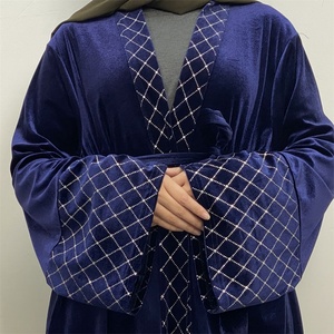 1857# Winter Velvet <b>Abaya</b> Grid Pattern Border Blue Warm Women Cardigan Fashion Kimono Kaftan <b>Abaya</b> - Product Image 5