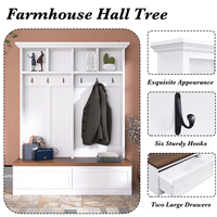Banc d'entrée style farmhouse avec 6 crochets à manteaux et 2 tiroirs de rangement, porte-manteau et rangement pour chaussures