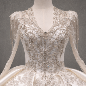 Vestido de Novia de Gala con Cuello Alto, Manga Larga, Cristales, Volantes, Satén, Tallas Grandes, Estilo Princesa, Flores Personalizadas, para Madre de la Novia - Product Image 1