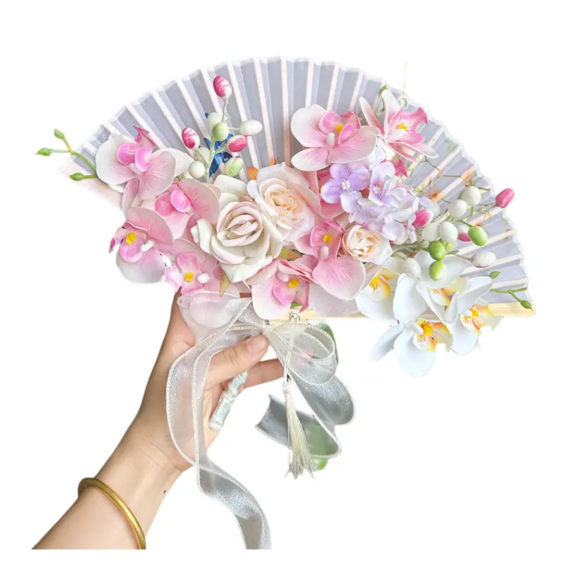Buquê nupcial Folding Handheld Fan Estilo Chinês Flor Ventilador De Mão De Noiva
