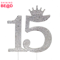 Couronne de princesse en strass plaquée argent numéro 15 pour gâteau de Quinceañera, monogramme pour fête de 15 ans