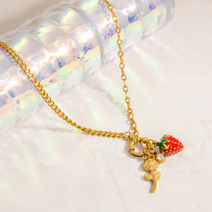 Fruit Charm Jewelry <b>Set</b> Gold Color Women's Everyday Wear Necklace Earrings <b>Bracelet</b> Strawberry Cherry Watermelon Pendant - Product Image 3