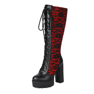 Botas Rojas de Plataforma a Media Pantorrilla con Tacón Grueso, Punta Redonda, Cordones, Estampado, Parte Superior Sintética, Estilo para Todas las Estaciones, Envío Directo - Product Image 1