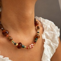 Collier tendance INS en résine marron et acier inoxydable avec perles, accessoire personnalisé pour femme, perles multicolores