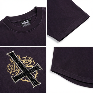 T-shirt graphique en strass, teinture pigmentaire, coupe oversize, coton épais 300 GSM, style gothique avec impression dorée pour marque privée et vente en gros - Product Image 3