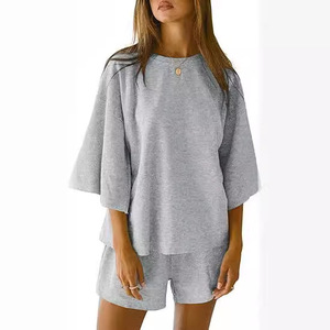Ensemble 2 pièces pour femmes, haut à manches trois-quarts, short à taille élastique, costume décontracté, couleur unie, SMLXLXXL, blanc, noir, gris, bleu, kaki - Product Image 2