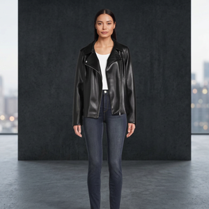 Women's Autumn/Winter Waterproof Woven PU Motorcycle <b>Jacket</b> Short <b>Blazer</b>-style with Button-Up Collar Solid Color - Product Image 2