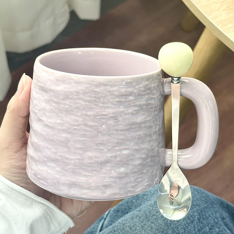 [Spherical Cup with Spoon] Stone-patterned Ceramic Cup - Purple