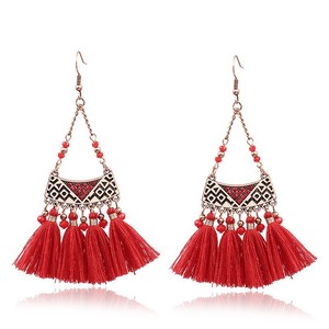 Bohemian <b>Red</b> Tassel <b>Drop</b> <b>Earrings</b> For Women Wedding Fashion Jewelry Zinc Alloy Crystal Rhinestone Bezel Setting - Product Image 5