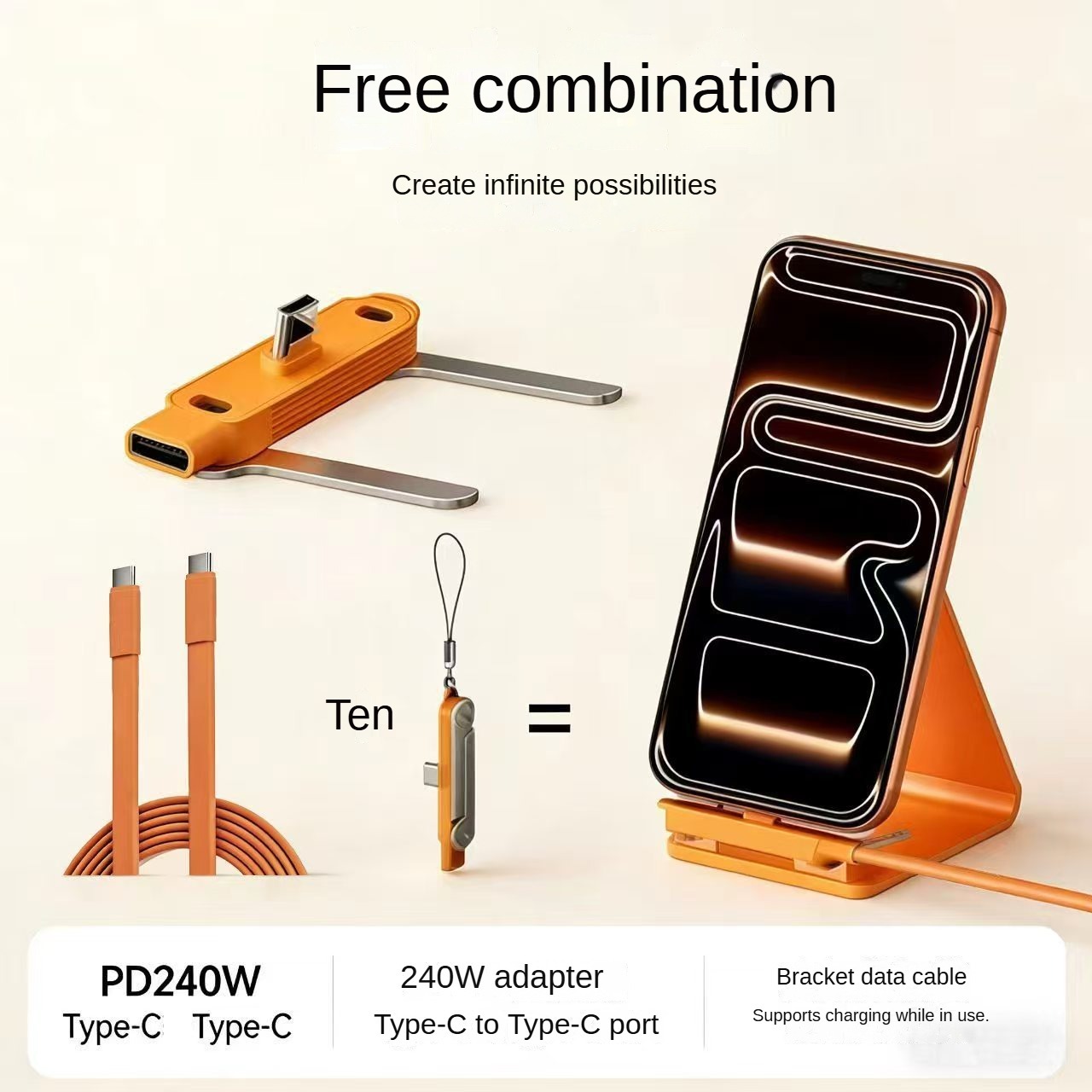 240W PD Type-C Type-C Fast Charging Cable Aluminum Alloy Foldable Phone Stand PVC Jacket Foil for iPhone 15/16/17 Anti-Pull · image 1