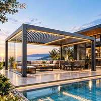 Grande pergola bioclimatique multi-aisles avec système de toiture à lames orientables électriques en aluminium et éclairage LED pour projets commerciaux