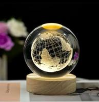 Boule de cristal 3D gravée au laser représentant le système solaire, boule de cristal vierge, décoration de bureau, veilleuse avec base en bois LED