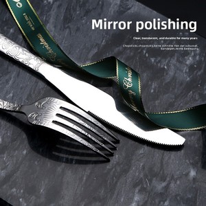 Juego de cubiertos de acero inoxidable con mango cuadrado y acabado espejo, diseño de tótem estampado, estilo chino nuevo, cuchillo y tenedor para carne occidental - Product Image 3