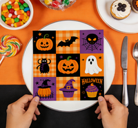 Serviettes en papier jetables à thème Halloween à carreaux, décoration de table, orange et noir, fournitures de fête d'Halloween