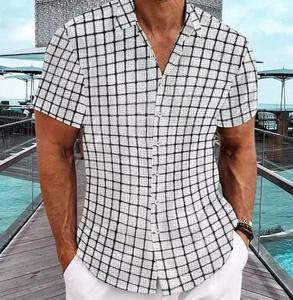 Nouveaux hommes décontracté <span class=keywords><strong>bleu</strong></span> <span class=keywords><strong>blanc</strong></span> <span class=keywords><strong>chemise</strong></span> à <span class=keywords><strong>carreaux</strong></span> boutonné à manches courtes Style Hip Hop Boxy Plaid chemises à <span class=keywords><strong>carreaux</strong></span> - Product Image 3