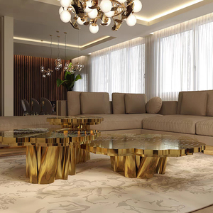 Goldenes Couchtisch-<span class=keywords><strong>Set</strong></span>, Moderne Luxus-Beistelltische in Hoch-Tief-Kombination, Künstlerisch Geätzter Runder Mitteltisch für Wohnzimmer - Product Image 2