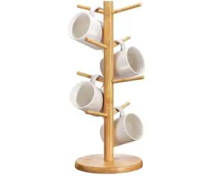 Bambu 8-Hook kahve kupa ağacı standı 8 bardak tutmak için pratik depolama raf