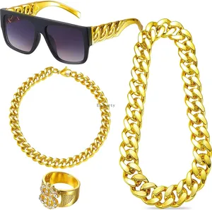 80s 90s Hip Hop kostümleri kıyafet altın zincir para zincir büküm bacak Punk güneş gözlüğü dolar işareti parmak ringparty s parti