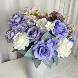 Fleur artificielle rose Panzhi Cloth série européenne violette à 9 têtes, bord roulé Ruyi, décoration d'intérieur 46cm - Product Image 1