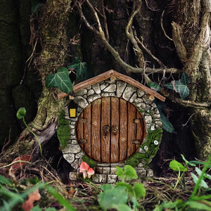 Plaque murale en bois 2D avec motif de porte de sapin féerique, pierre plate, mousse et écureuil, mini-cabane d'elfe, pour décoration de jardin et d'intérieur - Product Image 2