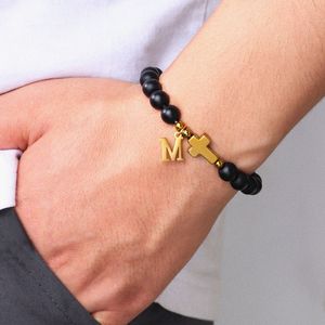 Pulsera de cuentas de ágata negra para hombre con cruz dorada y dije con inicial M para regalo o uso en oración - Product Image 1