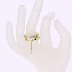 18K verguld modevingersieraden micro-pavé CZ dubbele spike met kwastketting traanvormige CZ open ringen - Product Image 6