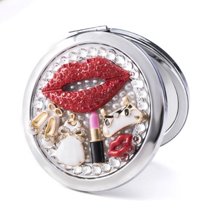 Novelty Gifts Metal Bling Bling Luxury Diamonds Lip Round Pocket Woman Mirror Corporate Promotional Gift Items