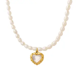 MARONEW-Perle d'Eau Douce Plaqué Or PVD 18k, Pendentif en Forme de Cœur, Collier de Bijoux de Perles pour Femme