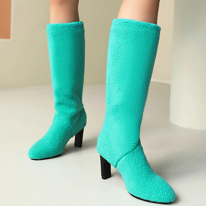 Big Size 44 Women's Fur <b>Knee</b> <b>High</b> Boots Ladies Mid Chunky Heels Winter Shoes Square Toe On Long Booties - Product Image 4