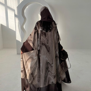 <span class=keywords><strong>M</strong></span>-174 Bruine Chiffon Abaya Cardigan met Hoofddoek Print, Ademend, Bescheiden, Enkellange, Modieus, Casual Burka voor Moslimvrouwen - Product Image 3