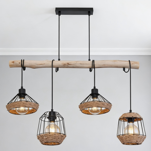 Lustre linéaire E27 style ferme avec cage en corde et <span class=keywords><strong>bois</strong></span> <span class=keywords><strong>flotté</strong></span> naturel pour îlot de cuisine et salle à manger - Product Image 1