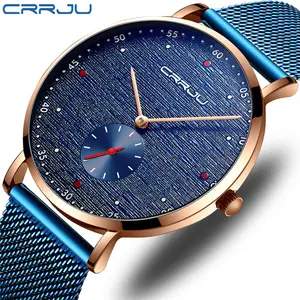 New CRRJU 2163 Men Watch Fashion Simple Ultra Thin Stainless Steel Mesh Band Quartz Wristwatch Casual Waterproof Male Clock