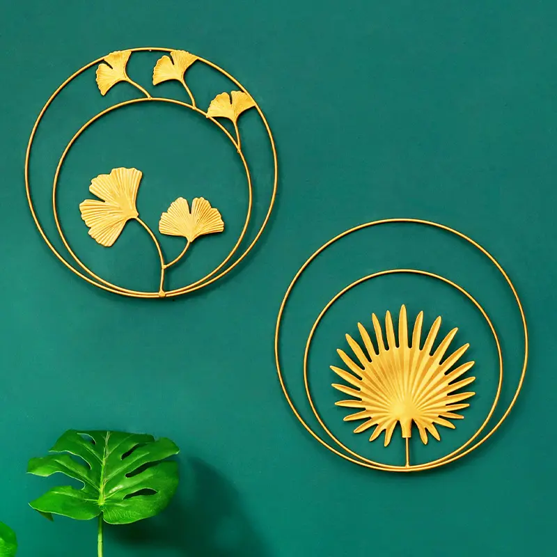 Nordic light luxury golden round ginkgo leaf metal home background wall decoration