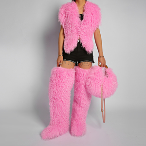 3 סטים חורפיים לנשים, מגפי ירך גבוהים מדמוי פרווה מונגולית, עם תיק פרווה רך ומעילי פרווה. - Product Image 6