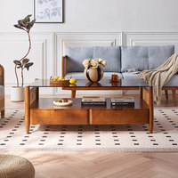 Mesa de Centro de Madera Maciza con Diseño de Mimbre Tejido y Múltiples Cajones de Almacenamiento