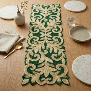 Embroidered Cotton <b>Table</b> Runner Green Cream <b>Plant</b> Pattern Classic Style Home Decor - Product Image 1