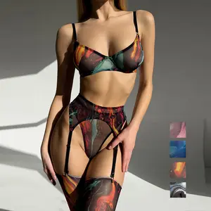 King Mcgreen Star Tie Dye Lingerie for Ladies Lace Underwear With Stockings New in Women Transparent Bra Outfits Hot With gloves