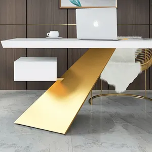最新的直设计人造石标准尺寸现代办公家具白色和金色办公办公桌柜台出售