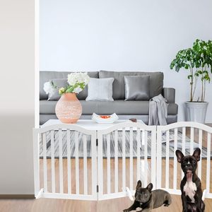 Barrière pour chien en bois moderne rétractable à dessus arqué avec fermeture à <span class=keywords><strong>bouton</strong></span> pour chiens et chats - Séparateur de pièce pliable autoportant - Product Image 3