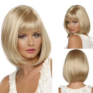 Coolhair bán buôn mũ nhỏ màu nâu sẫm Vàng lớp tổng hợp ngắn <span class=keywords><strong>Bob</strong></span> tóc giả với thẳng <span class=keywords><strong>bangs</strong></span> trông tự nhiên - Product Image 1