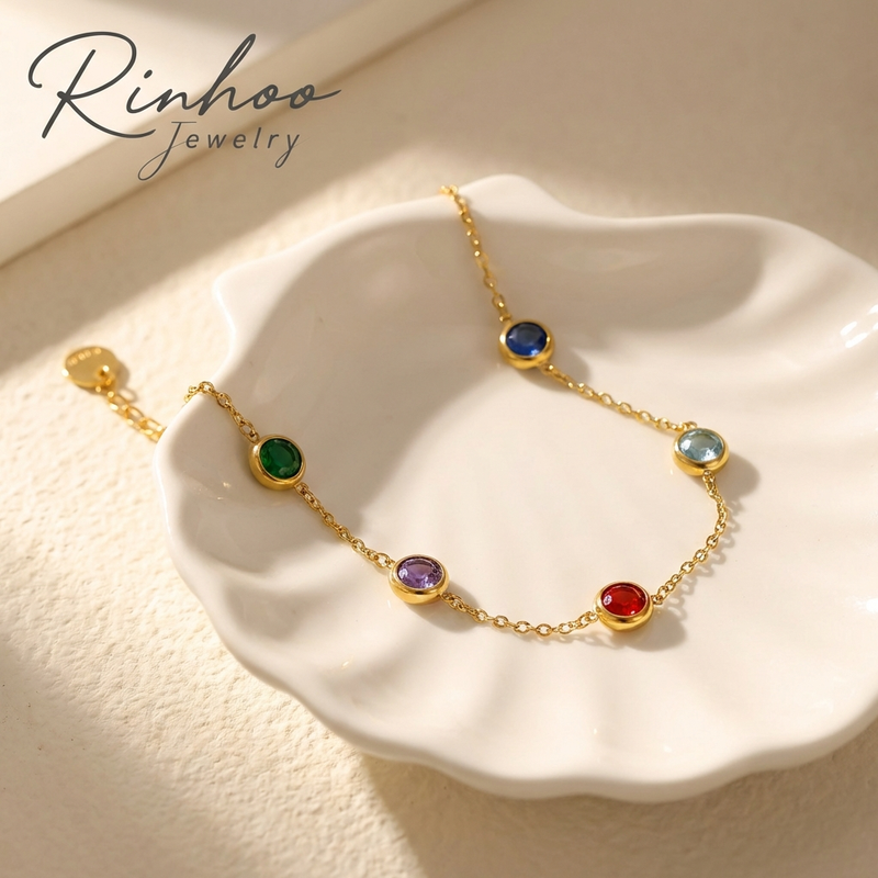 RINHOO Colorful Cubic Zirconia Stainless Steel